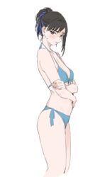  bikini black_hair blue_bikini blue_eyes blue_hair blush breasts cleavage female goshiki_suzu hair_bun highres kusakabe_nagisa_(goshiki_suzu) looking_at_viewer navel original simple_background single_hair_bun small_breasts solo sweatdrop swimsuit white_background 