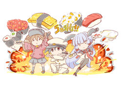  1boy 2girls :&lt; admiral_(kancolle) black_hair black_pantyhose brown_hair chibi closed_mouth dress explosion food fudeyama_(fudeco) grey_hair gunkanmaki hair_ribbon hat headgear highres holding holding_food holding_plate japanese_clothes kantai_collection kariginu long_hair long_sleeves magatama multiple_girls murakumo_(kancolle) murakumo_kai_ni_(kancolle) pantyhose plate ribbon ryuujou_(kancolle) ryuujou_kai_ni_(kancolle) short_sleeves standing standing_on_one_leg sushi thighhighs tress_ribbon twintails visor_cap 