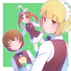  3girls :q artist_name balancing bartender black_bow black_bowtie black_socks blonde_hair blunt_bangs bob_cut bow bowtie brown_vest cherry_blossoms closed_eyes closed_mouth commentary cosplay cutlass_(girls_und_panzer) cutlass_(girls_und_panzer)_(cosplay) dress_shirt facing_viewer food freckles from_behind girls_und_panzer green_background handkerchief highres holding holding_tray ice_cream ice_cream_float itsumip kadotani_anzu leaning_forward leg_up long_hair long_sleeves looking_at_viewer looking_back looking_to_the_side maid_headdress miniskirt multiple_girls ooarai_naval_school_uniform open_mouth outline parted_bangs parted_lips pleated_skirt polka_dot polka_dot_background school_uniform shirt shoes short_hair signature single_horizontal_stripe skirt smile socks standing standing_on_one_leg tongue tongue_out tray tsuchiya_(girls_und_panzer) twintails vest white_footwear white_outline white_shirt white_skirt wing_collar 