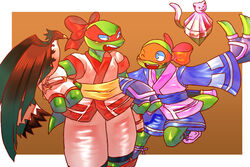  2023 absurd_res ainu_clothing anthro blue_eyes devilturtle duo green_body green_eyes group hi_res male male/male michelangelo_(tmnt) nakoruru nickelodeon orange_scarf raphael_(tmnt) red_scarf reptile rimururu samurai_shodown samurai_spirits scalie scarf snk teenage_mutant_ninja_turtles turtle 