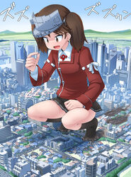  black_socks brown_eyes brown_hair brown_skirt building bus city female giant giantess highres japanese_clothes kantai_collection kariginu kneehighs long_hair long_sleeves magatama miniskirt motor_vehicle open_mouth pleated_skirt ryuujou_(kancolle) ryuujou_kai_ni_(kancolle) shirt skirt smile socks solo squatting terada_ochiko twintails visor_cap white_shirt 