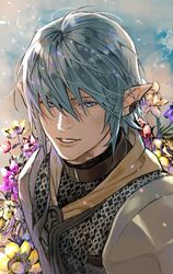  1boy armor blue_eyes blue_hair brown_collar chainmail collar earclip elezen elf final_fantasy final_fantasy_xiv flower hair_over_eyes haurchefant_greystone jya looking_at_viewer male_focus parted_lips pauldrons pointy_ears portrait short_hair shoulder_armor smile solo 