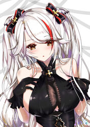  absurdres antenna_hair azur_lane bare_shoulders black_dress black_gloves blush bow breasts brown_eyes collarbone commentary_request cross dress female gloves hands_on_own_chest highres iron_cross large_breasts long_hair looking_at_viewer mole mole_on_breast multicolored_bow multicolored_hair nako_nya official_alternate_costume open_mouth prinz_eugen_(azur_lane) prinz_eugen_(cordial_cornflower)_(azur_lane) red_hair simple_background streaked_hair swept_bangs two_side_up white_background white_hair 