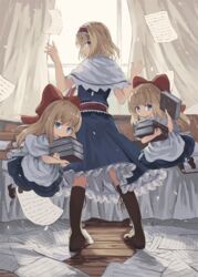  3girls alice_margatroid apron arms_up bad_id bad_pixiv_id blonde_hair blue_dress blue_eyes book book_stack boots brown_footwear capelet commentary_request curtains dress floating from_side full_body grimoire_of_alice hair_ribbon hairband holding holding_book hourai_doll indoors lolita_hairband long_hair looking_at_viewer looking_back multiple_girls necktie ookashippo pages puffy_short_sleeves puffy_sleeves red_necktie ribbon sash shanghai_doll shirt short_hair short_sleeves standing touhou waist_apron white_capelet white_shirt window wooden_floor 