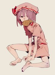  barefoot bobo_(nicoseiga29478507) collared_dress commentary cookie_(touhou) dress expressionless feet female food food_in_mouth full_body hat highres hisaka_(cookie) looking_at_viewer mob_cap pink_dress pink_hat purple_eyes purple_hair red_sash remilia_scarlet sash short_hair solo taiyaki toes touhou wagashi 