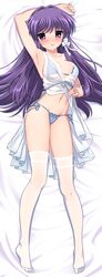  absurdres arm_up babydoll bed_sheet bikini blue_bikini blush breasts clannad commentary_request dakimakura_(medium) female fujibayashi_kyou full_body hair_ribbon highres hotaru_iori ichimi_renge long_hair looking_at_viewer lying medium_breasts on_back parted_lips purple_eyes purple_hair ribbon side-tie_bikini_bottom solo swimsuit thighhighs white_ribbon white_thighhighs 