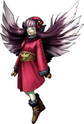  belt bird_hood blue_eyes brown_mittens devil_summoner:_soul_hackers devil_summoner_(series) female full_body fur_trim gradient_hair hair_wings highres hood hoodie kazuma_kaneko long_hair looking_at_viewer mittens multicolored_hair muu_shuwuu_(megami_tensei) official_art photoshop_(medium) purple_hair shin_megami_tensei smile solo transparent_background two-tone_hair white_hair 