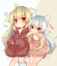  2girls ahoge animal_ears biting biting_another&#039;s_tail blue_hair brown_hair brown_jacket cat_ears cat_girl cat_tail commentary_request ear-to-ear highres jacket long_hair multiple_girls naked_jacket naked_sweater no_pants original pink_sweater red_eyes sunapua sweater tail tail_grab tail_wrap yuri 