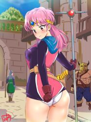  2boys ass blood blush breasts brown_eyes bulge circlet closed_mouth covering_ass covering_privates dragon_quest dragon_quest_dai_no_daibouken dress dress_tug erection erection_under_clothes female gloves maam multiple_boys nosebleed panties picolette_xiii pink_hair polearm short_hair spear straight underwear weapon 