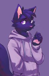  absurd_res anthro clothing domestic_cat fangs felid feline felis fur glistening glistening_eyes hair half-length_portrait hi_res hoodie kuttoyaki male mammal mouth_closed pawpads pink_inner_ear pink_nose pink_pawpads portrait purple_background purple_body purple_clothing purple_eyes purple_fur purple_hair purple_hoodie purple_topwear simple_background solo standing teeth topwear whiskers 