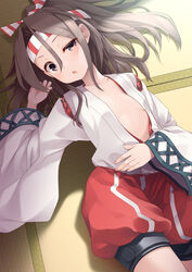  :o blush breasts brown_eyes brown_hair collarbone cowboy_shot female from_above headband high_ponytail japanese_clothes kantai_collection kimono long_hair long_sleeves looking_at_viewer lying mofu_namako on_back on_floor open_mouth red_shorts shorts small_breasts solo tatami uneven_eyes white_kimono wide_sleeves zuihou_(kancolle) 