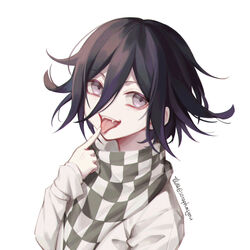  1boy artist_name black_hair checkered_clothes checkered_scarf commentary danganronpa_(series) danganronpa_v3:_killing_harmony ewa_(seraphhuiyu) fangs finger_to_mouth finger_to_tongue flipped_hair hair_between_eyes hand_up highres jacket long_sleeves looking_at_viewer male_focus oma_kokichi open_mouth pink_eyes purple_eyes purple_hair scarf short_hair simple_background smile solo straitjacket symbol-only_commentary teeth tongue tongue_out upper_body white_background white_jacket 