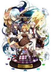  2boys 3girls alicel aliot_(ragnarok_online) black_footwear black_hair black_shirt black_skirt blonde_hair blue_eyes blue_jacket blue_neckwear bow bowtie briefcase brooch brown_bow brown_bowtie brown_dress brown_eyes brown_footwear brown_hair brown_legwear brown_necktie charm_(object) closed_mouth commentary_request copyright_name cyborg darkness dress ellisia_(ragnarok_online) elly_(ragnarok_online) fleur-de-lis flower frilled_dress frills full_body gears glasses green_eyes hair_over_one_eye heart heterochromia high_heels highres jacket jewelry kiel-d-01 long_hair looking_at_viewer mechanical_arms medium_hair multiple_boys multiple_girls necktie nip_sakazuki open_mouth outstretched_arms pants pleated_skirt ponytail poporing poring puffy_short_sleeves puffy_sleeves ragnarok_online rainbow_order red_eyes red_necktie shirt shoes short_hair short_sleeves sidelocks single_mechanical_arm skirt smile socks standing thighhighs upper_body very_long_sleeves vest white_background white_dress white_flower white_hair white_legwear white_pants white_vest 