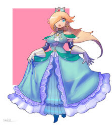  adapted_costume bare_shoulders blonde_hair blue_dress blue_eyes brooch crown dress earrings female full_body gloves hair_over_one_eye highres jewelry long_dress long_hair looking_at_viewer mario_(series) oomasa_teikoku open_mouth rosalina skirt_hold solo star_(symbol) star_earrings white_gloves 