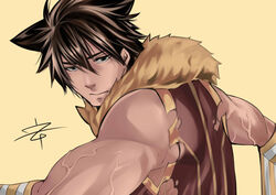  1boy absurdres animal_around_neck bad_id bad_pixiv_id black_eyes black_hair chinese_commentary closed_mouth commentary detached_sleeves english_commentary fox hair_between_eyes hair_ears highres looking_at_viewer looking_to_the_side male_focus mixed-language_commentary muscular muscular_male professor_(ragnarok_online) pupuddddy ragnarok_online red_shirt shirt short_hair signature simple_background sleeveless sleeveless_shirt solo striped_sleeves upper_body veins white_sleeves yellow_background yellow_sleeves 