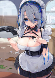  arm_belt bad_id bad_pixiv_id bar_(place) black_skirt blue_eyes blue_nails breasts broken_bottle broken_glass broken_window cleavage corset detached_collar dress eyes_visible_through_hair female frilled_dress frilled_skirt frills glass grey_hair gun hair_between_eyes halterneck hand_on_own_chest handgun highres holding holding_plate koyubita large_breasts maid maid_headdress medium_hair microskirt nail_polish original plate skirt solo table weapon white_dress 