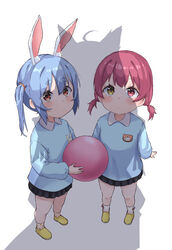  2girls 6mint absurdres aged_down alternate_costume animal_ear_fluff animal_ears bag black_skirt blue_hair blue_shirt blush collared_shirt commentary fox_ears fox_girl full_body heterochromia highres holding holding_bag hololive houshou_marine kindergarten_uniform long_hair long_sleeves multiple_girls name_tag pleated_skirt puffy_long_sleeves puffy_sleeves rabbit_ears red_eyes red_hair shadow shirakami_fubuki shirt shoes short_twintails simple_background skirt smock socks twintails usada_pekora virtual_youtuber white_background white_legwear yellow_eyes yellow_footwear 