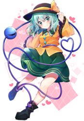  blush bow collared_shirt commentary eringikinono eyeball female frilled_shirt_collar frilled_sleeves frills full_body green_eyes green_hair green_skirt hand_up hat hat_bow hat_ribbon heart heart_of_string highres komeiji_koishi long_sleeves looking_at_viewer ribbon shirt skirt solo string third_eye touhou wide_sleeves yellow_bow yellow_ribbon yellow_shirt 