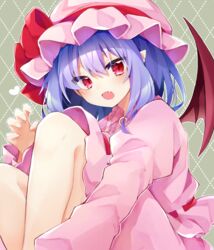  bat_wings blue_hair bow claw_pose commentary dress eringikinono eyes_visible_through_hair female frilled_shirt_collar frills hat hat_ribbon highres hugging_own_legs long_sleeves looking_at_viewer mob_cap oerba_yun_fang pink_dress purple_hair red_bow red_eyes red_ribbon remilia_scarlet ribbon short_hair sitting solo touhou wings 