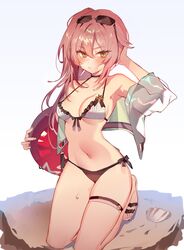  alternate_costume ball beachball bikini black_bikini blush breasts closed_mouth commentary cropped_jacket eyewear_on_head female girls&#039;_frontline green_eyes hair_between_eyes highres holding jacket kneeling long_hair medium_breasts off_shoulder official_alternate_costume pink_hair r93_(girls&#039;_frontline) r93_(holiday_lucky_star)_(girls&#039;_frontline) sandals seashell shell side-tie_bikini_bottom side_ponytail solo soukou_makura sunglasses sweat swimsuit thigh_strap 