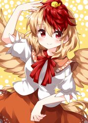  animal animal_on_head arm_up bird bird_on_head bird_tail bird_wings blonde_hair blush brown_dress chick collared_shirt cowboy_shot dress eyes_visible_through_hair feathered_wings female highres multicolored_hair niwatari_kutaka on_head orange_dress puffy_short_sleeves puffy_sleeves red_eyes red_hair red_neckwear ruu_(tksymkw) shirt short_hair short_sleeves tail touhou two-tone_hair white_shirt wings yellow_wings 