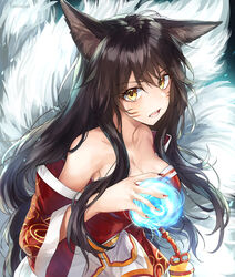  absurdres ahri_(league_of_legends) animal_ears bare_shoulders black_hair breasts cleavage collarbone dress facial_mark female fingernails fox_ears fox_girl fox_tail highres hitodama kanniiepan kitsune kyuubi large_breasts league_of_legends long_hair long_sleeves looking_at_viewer multiple_tails off-shoulder_dress off_shoulder open_mouth orb red_dress rope sharp_fingernails solo tail upper_body very_long_hair whisker_markings wide_sleeves yellow_eyes 