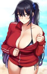  absurdres bare_shoulders beach bikini black_bikini black_hair blue_scrunchie blush breasts brown_eyes cleavage commentary_request female from_above hair_between_eyes hair_ornament hairclip halterneck hara_mizuki highres jacket kusahagane large_breasts long_hair mole mole_under_eye multicolored_hair ocean off_shoulder one_side_up original outdoors red_jacket sand scrunchie shore sidelocks solo swimsuit thighs unzipped unzipping very_long_hair water 