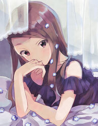  bed_sheet black_shirt brown_eyes brown_hair commentary_request curtains female flower hair_flower hair_ornament head_rest highres idolmaster idolmaster_(classic) kuzuya_ramurin long_hair looking_at_viewer lying minase_iori on_bed on_stomach shirt sleeveless sleeveless_shirt solo swept_bangs 