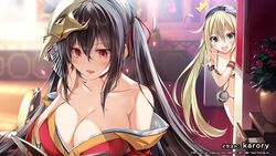  2girls albacore_(azur_lane) artist_name azur_lane azur_lane:_slow_ahead black_hair blonde_hair breasts cleavage commentary crossed_bangs end_card flat_chest flower green_eyes heart japanese_clothes karory kimono large_breasts long_hair mask mask_on_head multiple_girls off_shoulder official_art plant potted_plant red_eyes red_flower red_kimono second-party_source taihou_(azur_lane) twintails very_long_hair 