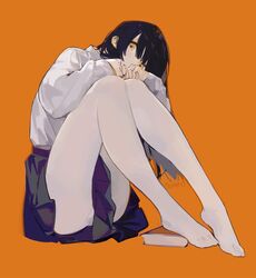  artist_name black_hair black_skirt book collar collared_shirt feet female full_body hair_between_eyes long_hair long_sleeves looking_at_viewer nineo no_shoes orange_background original pantyhose shirt simple_background sitting skirt solo toes white_pantyhose white_shirt yellow_eyes 