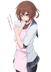  88942731ne black_pantyhose black_sailor_collar black_skirt blush brown_eyes brown_hair cowboy_shot female hair_between_eyes hair_ornament hairclip highres ikazuchi_(kancolle) kantai_collection neckerchief pantyhose parted_lips pleated_skirt red_neckerchief sailor_collar school_uniform serafuku short_hair short_sleeves simple_background skirt solo translation_request white_background 