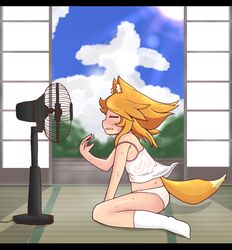  absurdres animal_ears blonde_hair blue_sky camisole closed_eyes cloud commentary_request cookie_(touhou) electric_fan female fox_ears fox_girl fox_tail full_body gariballon highres hot letterboxed long_hair miramikaru_riran open_mouth panties profile shouji sitting sky sliding_doors socks solo sun sweat tail tan tanlines tatami underwear underwear_only white_camisole white_panties white_socks 