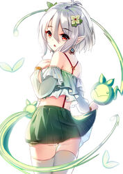  :o antenna_hair ass bad_id bad_pixiv_id bare_shoulders commentary_request cowboy_shot detached_sleeves elf female flower green_flower green_skirt hair_between_eyes hair_flower hair_ornament kokkoro_(princess_connect!) long_sleeves looking_at_viewer looking_back parted_lips pleated_skirt pointy_ears princess_connect! puffy_long_sleeves puffy_sleeves red_eyes short_hair simple_background skirt skirt_hold solo thighhighs white_background white_hair white_thighhighs yan_(nicknikg) 