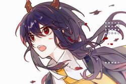  :o arknights black_hair black_jacket blood blood_on_face ch&#039;en_(arknights) dragon_girl dragon_horns female horns jacket long_hair necktie open_mouth red_eyes simple_background solo white_background yasuyou yellow_necktie 