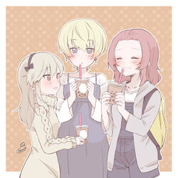  3girls artist_name backpack bag black_ribbon blonde_hair blue_dress blue_eyes blue_overalls border brown_eyes bubble_tea casual closed_eyes closed_mouth commentary cup disposable_cup dress drinking_straw girls_und_panzer grey_dress grey_hoodie hair_ribbon holding holding_cup hood hood_down hoodie itsumip light_brown_hair long_sleeves looking_at_another multiple_girls open_clothes open_hoodie open_mouth orange_background outline outside_border overall_shorts overalls parted_lips polka_dot polka_dot_background red_hair ribbon rosehip_(girls_und_panzer) shimada_arisu shirt signature smile standing sweater sweater_dress turtleneck turtleneck_dress white_border white_outline white_shirt youko_(girls_und_panzer) 