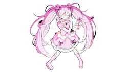  absurdres aimaina bow brooch closed_eyes collarbone commentary detached_collar doushite-chan female frills full_body gloves hair_ornament hairbow hatsune_miku highres holding holding_wand jewelry long_hair magical_girl mahou_shoujo_to_chokorewito_(vocaloid) official_art pink_bow pink_footwear pink_hair pinocchio-p solo twintails variant_set vocaloid wand white_background 