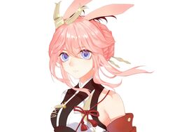  animal_ears armor barefoot closed_mouth female fox_ears hair_bun hair_ornament honkai_(series) honkai_impact_3rd japanese_armor japanese_clothes looking_at_viewer pink_hair purple_eyes simple_background single_hair_bun solo white_background yae_sakura yae_sakura_(flame_sakitama) yasuyou 