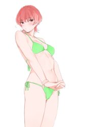  bikini blush breasts cleavage female flying_sweatdrops goshiki_suzu green_bikini highres navel original red_eyes red_hair short_hair simple_background solo soma_azusa_(goshiki_suzu) swimsuit white_background 