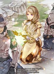  2boys armor black_gloves black_legwear blonde_hair bow breasts commentary_request company_name copyright_name dress female fire_emblem fire_emblem:_three_houses fire_emblem_cipher gloves hairbow helmet itou_misei large_breasts long_hair long_sleeves low-tied_long_hair mercedes_von_martritz multiple_boys official_art outdoors purple_eyes thighhighs 