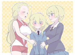  3girls artist_name blonde_hair blue_eyes blush braid breasts commentary darjeeling_(girls_und_panzer) girl_sandwich girls_und_panzer gradient_background hand_on_another&#039;s_arm hand_on_another&#039;s_head hand_on_another&#039;s_shoulder itsumip long_hair looking_at_another medium_hair multiple_girls open_mouth oshida_(girls_und_panzer) outline sandwiched sasaki_akebi school_uniform short_hair signature smile sportswear st._gloriana&#039;s_school_uniform standing sweatdrop white_outline yellow_background yuri 