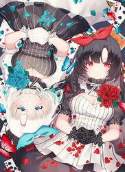  2girls :o absurdres black_dress black_gloves black_hair blue_bow blue_butterfly blue_eyes blue_flower blue_rose bow breasts bug butterfly card cleavage cleavage_cutout clothing_cutout commentary dress english_commentary flower frilled_sleeves frills gloves hairbow highres long_hair looking_at_viewer lying medium_breasts medium_hair multiple_girls on_back original own_hands_together parted_lips petals playing_card puffy_short_sleeves puffy_sleeves red_bow red_butterfly red_eyes red_flower red_rose rose short_sleeves shotgunman siblings striped_clothes striped_dress turtleneck twins upper_body vertical-striped_clothes vertical-striped_dress white_dress white_gloves white_hair 