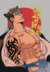  1boy 2019 abs animal_ears bara bare_pectorals black_kimono boar_ears bulge chinese_zodiac collarbone commentary cowboy_shot ear_piercing eyeshadow grey_hair happy_new_year japanese_clothes kimono large_pectorals makeup male_focus mature_male medium_hair muscular muscular_male navel new_year nipples oerba_yun_fang open_clothes open_kimono original pectorals piercing pig_boy pig_ears red_eyeshadow sideburns solo stomach symbol-only_commentary translated yan_(bltyann) year_of_the_pig 