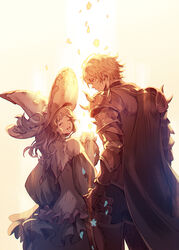  1boy armor cape capelet closed_eyes commentary_request cowboy_shot cupping_hands dress female frilled_dress frills from_behind gauntlets gawain_(granblue_fantasy) granblue_fantasy hands_up hat highres lennah long_hair looking_at_another open_mouth own_hands_together pauldrons petals short_hair shoulder_armor sweatdrop witch_hat zinnkousai3850 