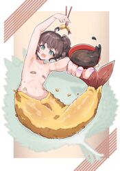  ahoge bandaid bandaids_on_nipples breasts brown_hair chopsticks collarbone commentary cup english_commentary female fins food hair_between_eyes highres hololive looking_at_viewer mermaid monster_girl moral_cacoethes natsuiro_matsuri navel open_mouth pasties sakazuki shrimp shrimp_tempura side_ponytail small_breasts solo tempura virtual_youtuber 