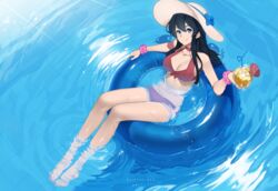  artist_name bare_legs barefoot bikini blue_eyes blue_hair braid breasts choker cleavage closed_mouth cocktail_umbrella commentary crazy_straw cup day drink drinking_straw english_commentary female from_above full_body hair_between_eyes hat heart heart_print heart_straw holding holding_cup innertube keiryuu_seo legs_together long_hair looking_at_viewer medium_breasts original outdoors partially_submerged pool red_bikini red_choker ripples scrunchie smile solo sun_hat sunlight swim_ring swimsuit water white_hat wrist_scrunchie 