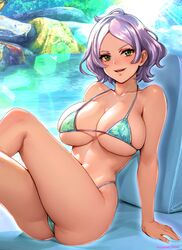  :d ass bikini breasts collarbone crossed_legs dark-skinned_female dark_skin female green_eyes grey_hair gundam gundam_suisei_no_majo highres large_breasts leaning_back lens_flare looking_at_viewer navel open_mouth oyaman secelia_dote short_hair sitting smile solo swimsuit tan thighs water wavy_hair 