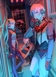  2boys agitation_(module) armband bad_boy_(module) black_pants boots commentary female general_(module) gloves grate hair_ornament half-closed_eyes hallway hatsune_miku headphones high_heels highres industrial_pipe kagamine_len kaito_(vocaloid) logo long_hair looking_at_viewer mask mouth_mask multiple_boys nokuhashi pants project_diva_(series) red_eyes sewer_grate shirt short_sleeves squatting standing thigh_boots thighhighs twintails unhappy_refrain_(vocaloid) vocaloid white_shirt yellow_eyes 