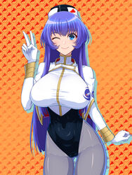  blue_hair breasts capelet female highleg highleg_leotard highres kemurin kidou_senkan_nadesico large_breasts leotard long_hair misumaru_yurika one_eye_closed pantyhose solo uniform v very_long_hair white_capelet 