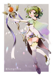  :d absurdres bare_shoulders boots dress female fire_emblem fire_emblem:_the_sacred_stones full_body green_eyes green_hair highres holding holding_staff hyogamazikichi l&#039;arachel_(fire_emblem) l&#039;arachel_(seeker_of_justice)_(fire_emblem) looking_at_viewer open_mouth sleeveless sleeveless_dress smile solo staff thigh_boots thighhighs twitter_username veil white_dress white_footwear 