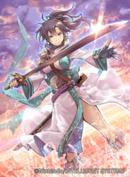  closed_mouth cloud company_name copyright_name female fingerless_gloves fir_(fire_emblem) fire_emblem fire_emblem:_the_binding_blade fire_emblem_cipher gloves holding holding_sword holding_weapon i-la long_hair official_art outdoors ponytail purple_eyes purple_hair scabbard sheath sky smile solo sword weapon 